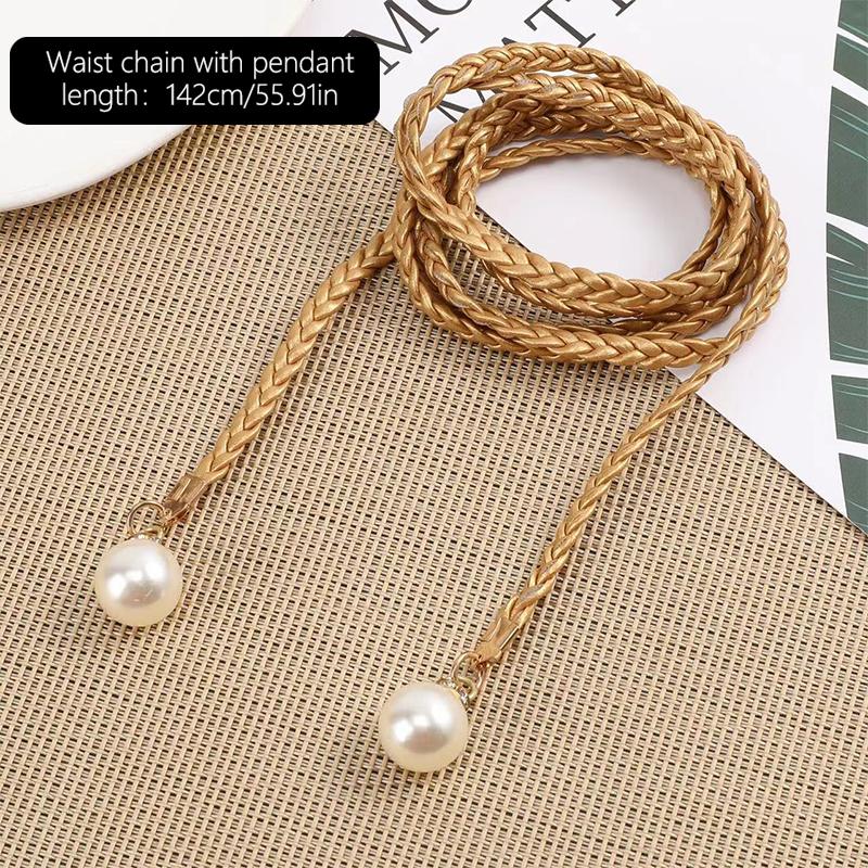 Retro Pu Braided Pearl Belt Waist Chain Versatile Women Leather Rope Waistband Waist Rope Jeans Dresses Clothing Accessories
