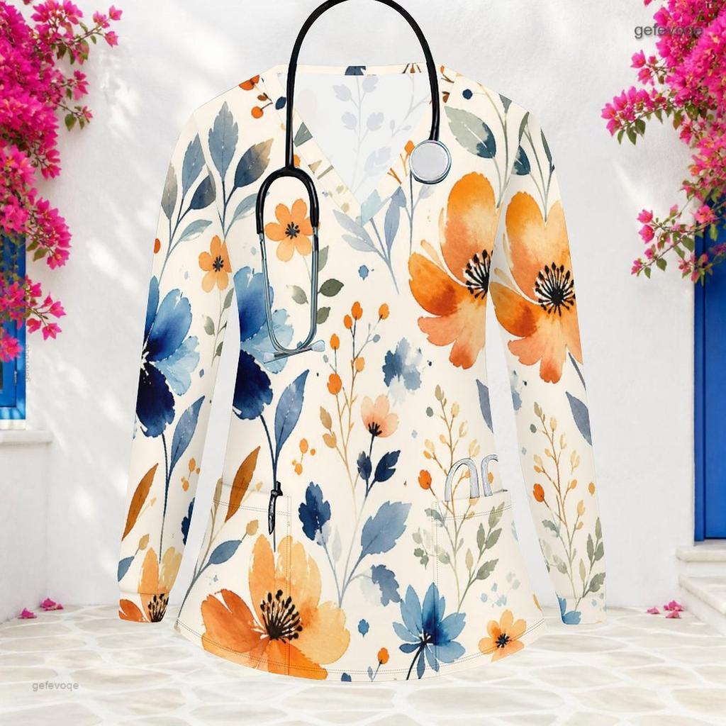 Aquarell-Blumenprint V-Ausschnitt Langarm Damen Krankenschwester Arbeitskittel Weich Atmungsaktiv Medizinische Gesundheitsversorgung Arbeitsbluse Mit Taschen
