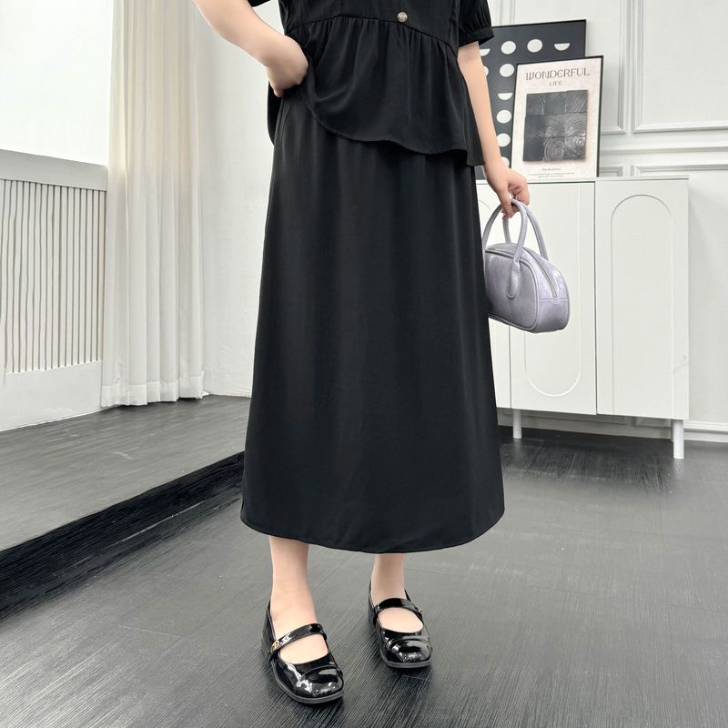 Plus size women clothing [French style Advanced Sense Set] Summer Chubby Girl Contrast Color Double Layer Lapel Short sleeve Top Skirt