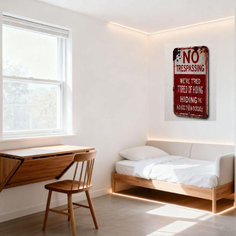 Vintage Red White Metal NO TRESPASSING Sign Rust Stains Retro Wall Decor for Home Bar Man Cave