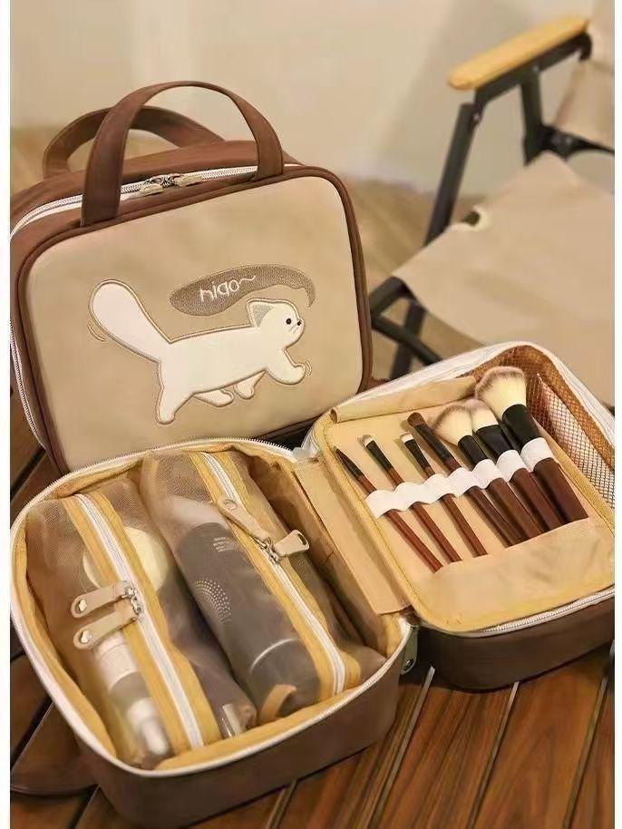 Spacious Cartoon Travel Makeup Bag: Portable, Multi-Compartment, and Three-in-One Design