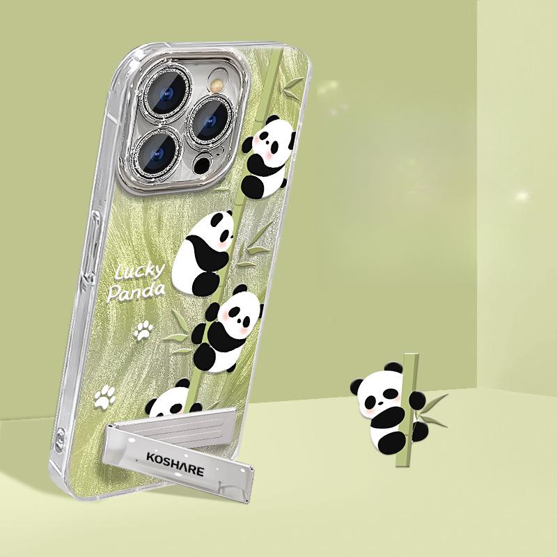 The Cute Green Bamboo Panda Is Suitable for Apple 16promax Phone Case 15, Tulle Lens Film 14, Stand 13 and Protective Case