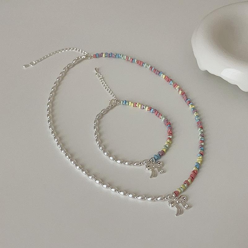 Dopamine Color Beaded Pearl Bow Necklace Bracelet Female Cute Exquisite Fashion Versatile Neck Chain Collarbone Chain