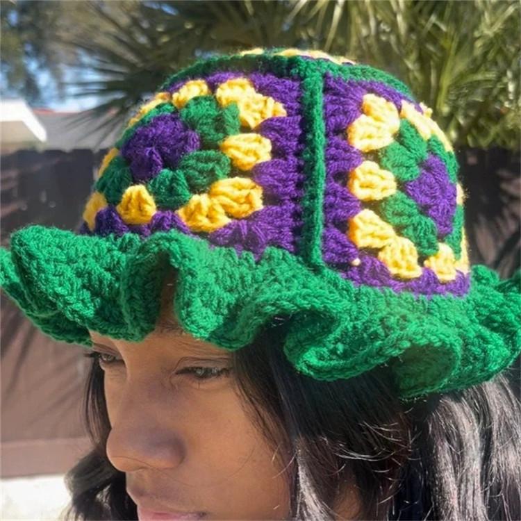 Handmade Crochet Bucket Hat for Woman Teen Outdoor Fisherman Hat Ruffled Brim Winter Windproof Carnivals Hat