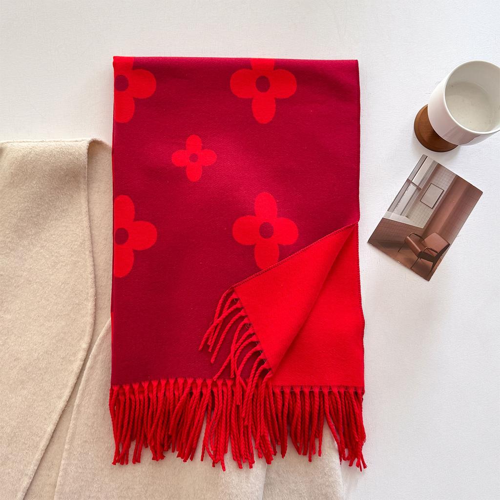 Luxury Winter Red Cashmere Scarf Women Fashionable Flower Print Neckerchief Thickened European And American Warm Shawl
