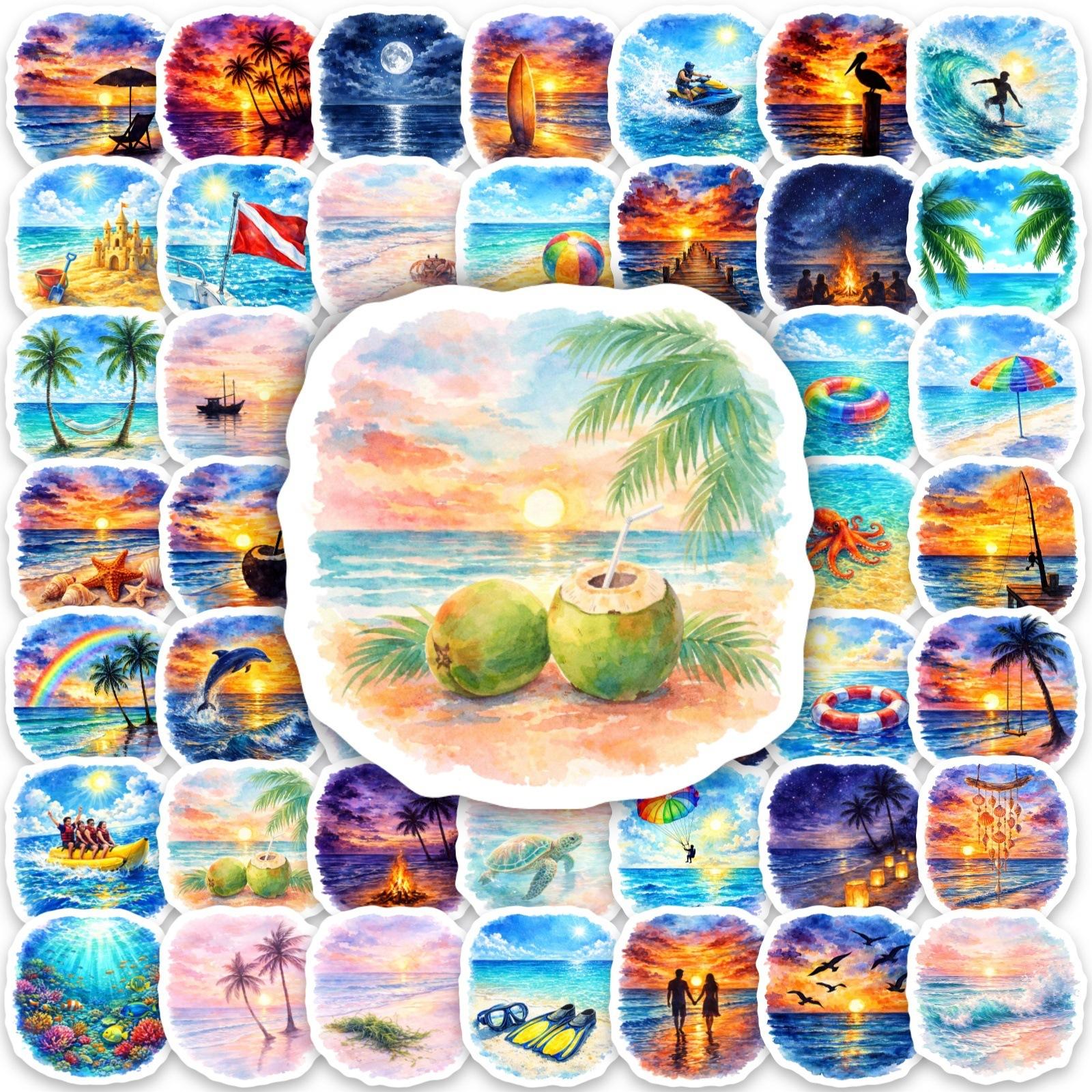 50 Healing Watercolor Ocean Scenery Stickers Summer Beach Vacation Handbook Decoration Waterproof Stickers Spot