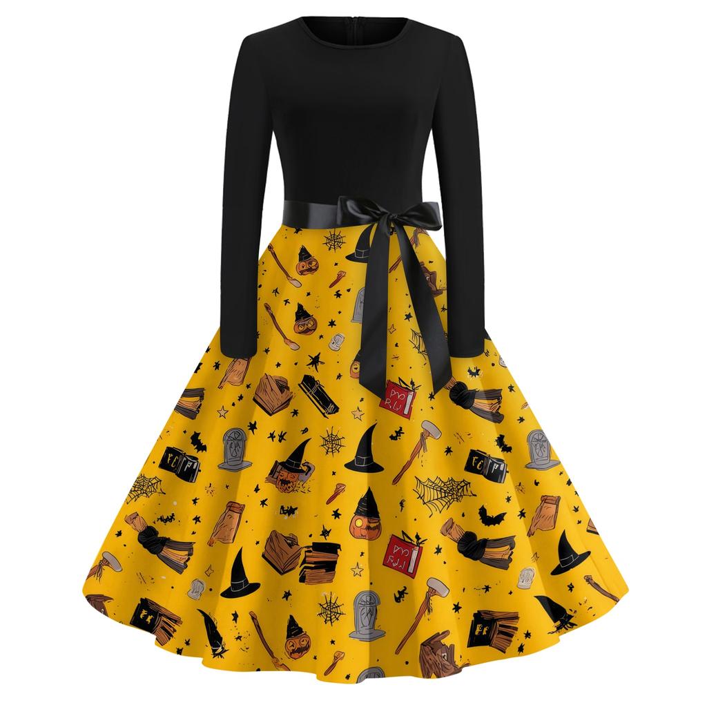Women's Casual Vintage Halloween Dress Long Sleeve Crew Neck Retro Swing Dress with Spider Web and Bat Print and Waist Tie Belt for Everyday Wear