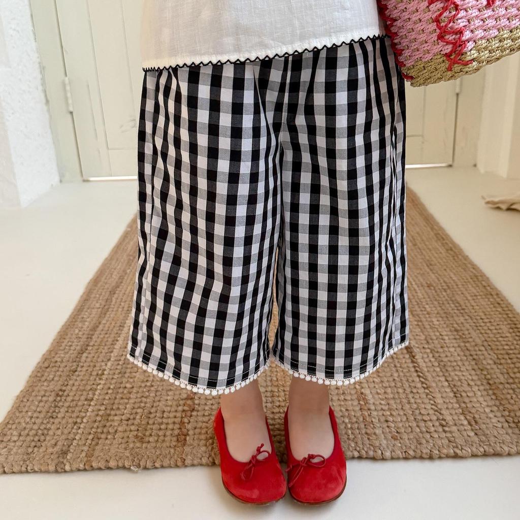 New Girls' Plaid & Polka Dot Three-Quarter Wide-Leg Pants (S/M/L) - Black