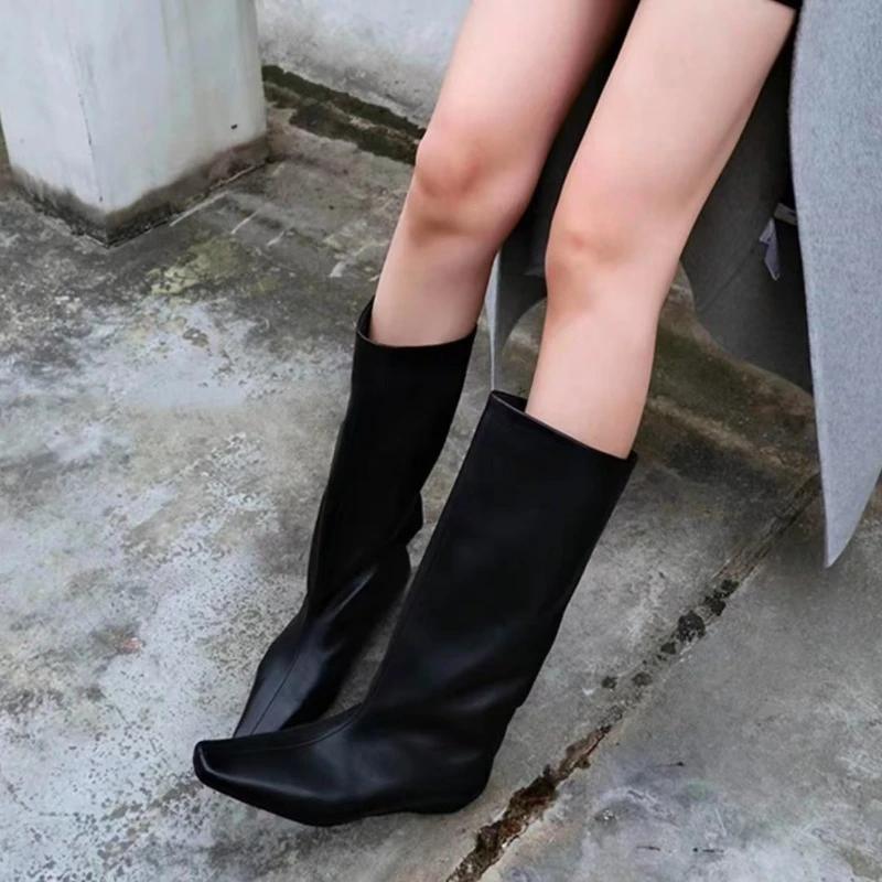 Autumn New Retro Square Head Show Skinny Loose Sleeve Booties Wide-leg Low-heel Non-slip Mid-leg Fashion Boots