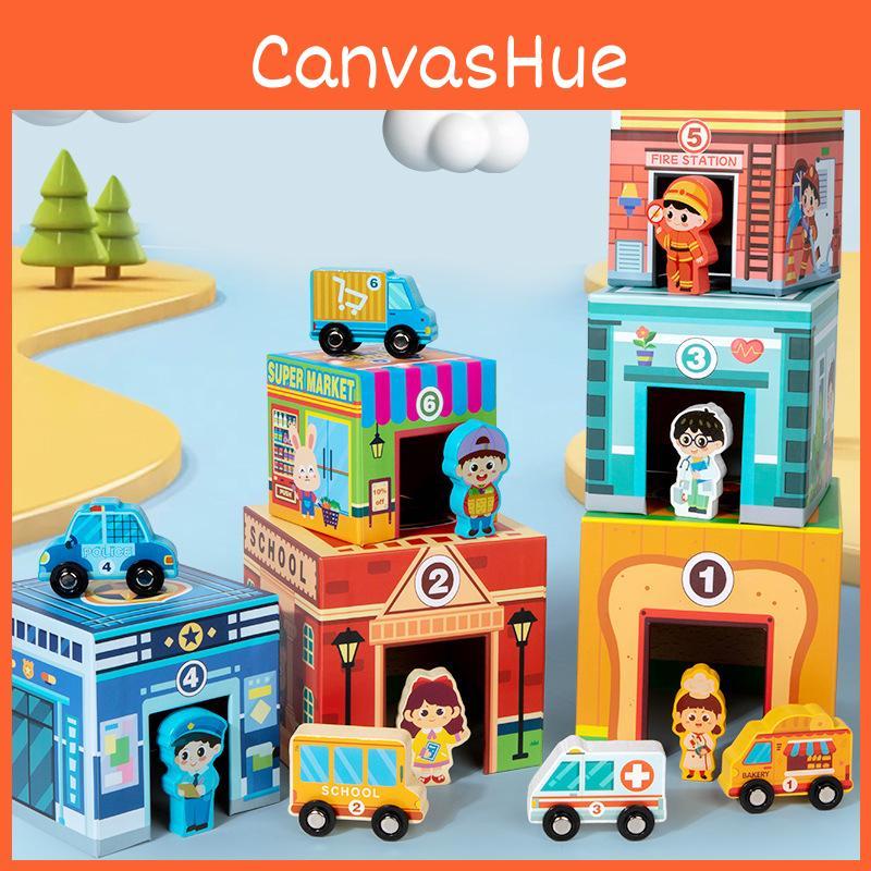 Hospital School Supermarket Wooden Stacked Building Blocks Box Set Toys Children