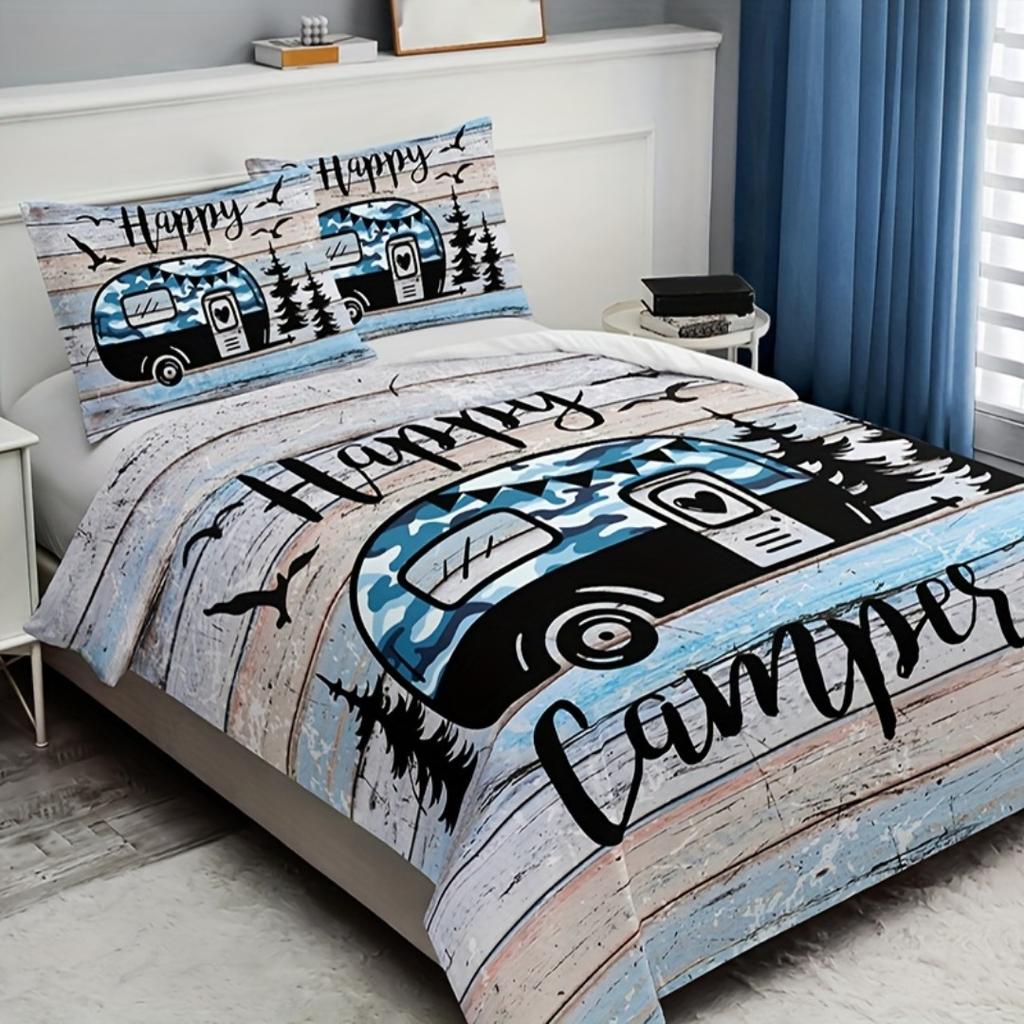 3pcs Blue Happy Camping Winnebago 3D Printed Bedding Set Cozy Duvet Cover King Queen Twin Size Birthday Gift Bedroom Decoration