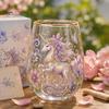 Retro Enamel Style Cup Hand Painted Glass Tumbler, Egg Shaped with Gold Rim, Clear Lead-Free Ocean Turtle Pattern Mug for Tea Coffee Wine Juice