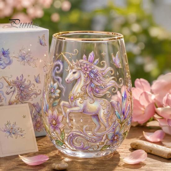Retro Enamel Style Cup Hand Painted Glass Tumbler, Egg Shaped with Gold Rim, Clear Lead-Free Ocean Turtle Pattern Mug for Tea Coffee Wine Juice