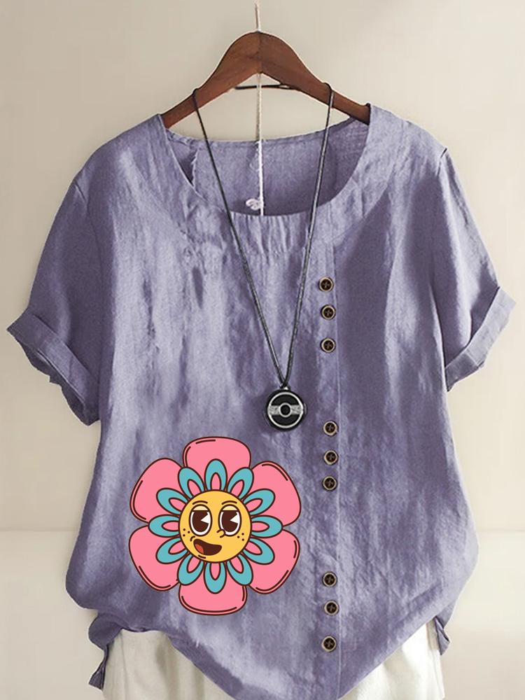 Women's Fashion Sunflower Print Shot Sleeve T-shirt Loose Cotton Shirt Casual Loose Summer Blouse Tops Plus Size