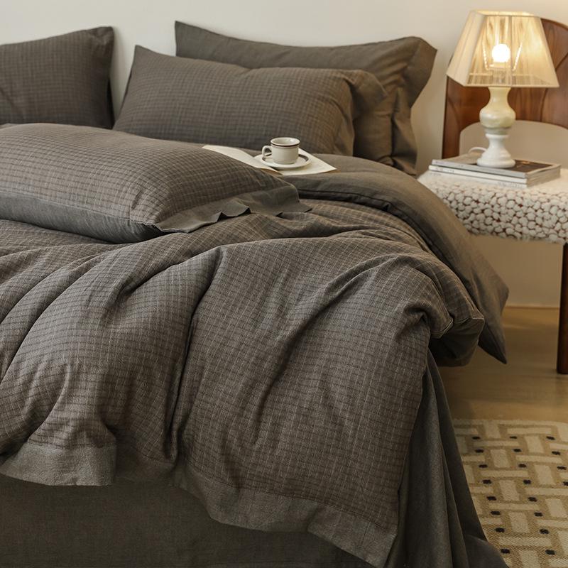 2026 Spring/Summer Men's Pure Cotton Striped 4-Piece Bedding Set: Washed Cotton Bed Sheet & Duvet Cover.