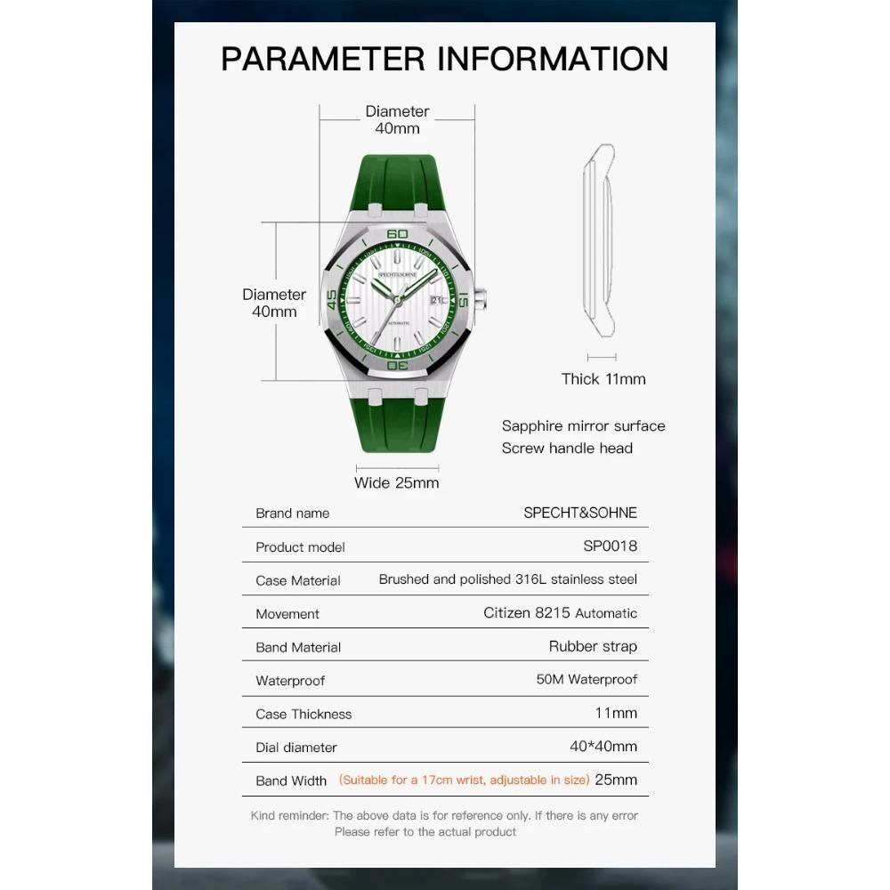 Specht & Sohne Ceasuri mecanice automate de 40 mm pentru bărbați Ceas de lux din oțel inoxidabil pentru bărbați Relogio Masculino din cauciuc rezistent la apă