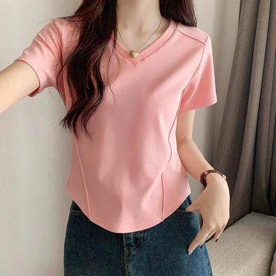T-shirt amincissant à la taille, col en V, clavicule, manches courtes, été, style fin, amincissant, ourlet irrégulier avec top à baleines