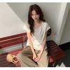 Tencel Contrasting Color Korean Fake Two V-neck Front Shoulder Short-sleeved T-shirt Women's Summer New Loose Lazy Style Versatile Top