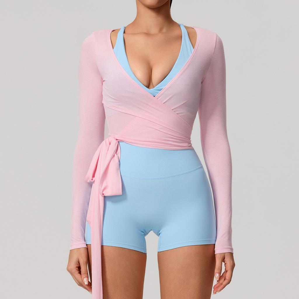 Hearuisavy Summer Women's Yoga Shirt Long Sleeve Sportswear Gym Breathable Quick Dry Sports Top Pilates Dance Ballet Wrap Tops