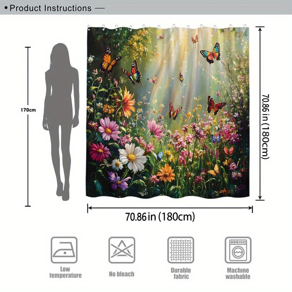 Verzauberter Garten Wasserdichter Duschvorhang für Badezimmer-Dekoration, Mit Lebendigen Blumen und Schmetterlingen bei Sonnenschein