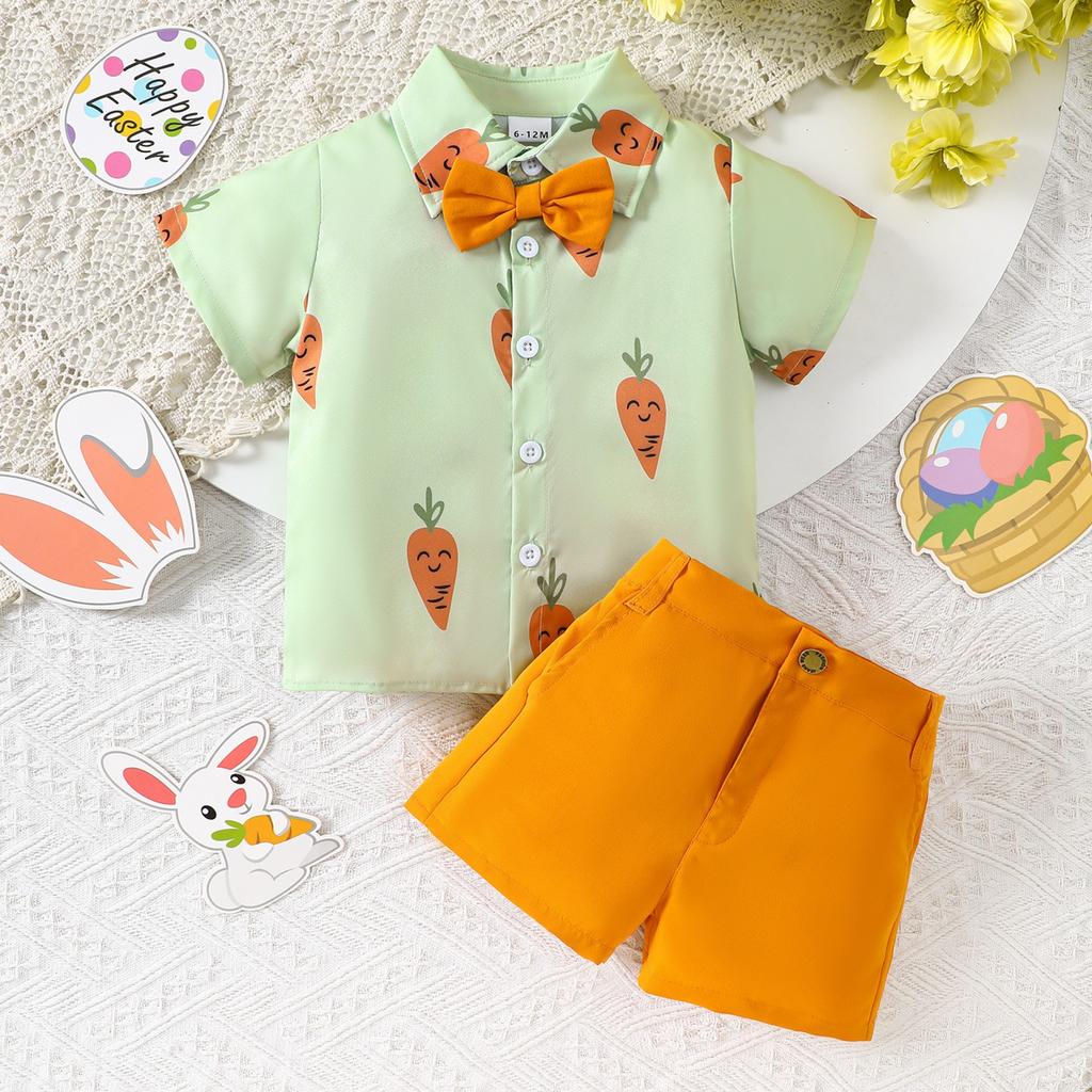 Children's Fashion Cartoon Short Sleeve Top With Bowknot Shorts Set