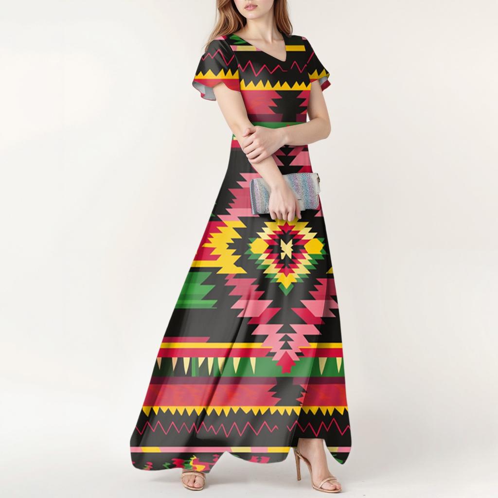 Women's Summer Casual Fashion Floral Print Dress V Neck Short Sleeve Dress