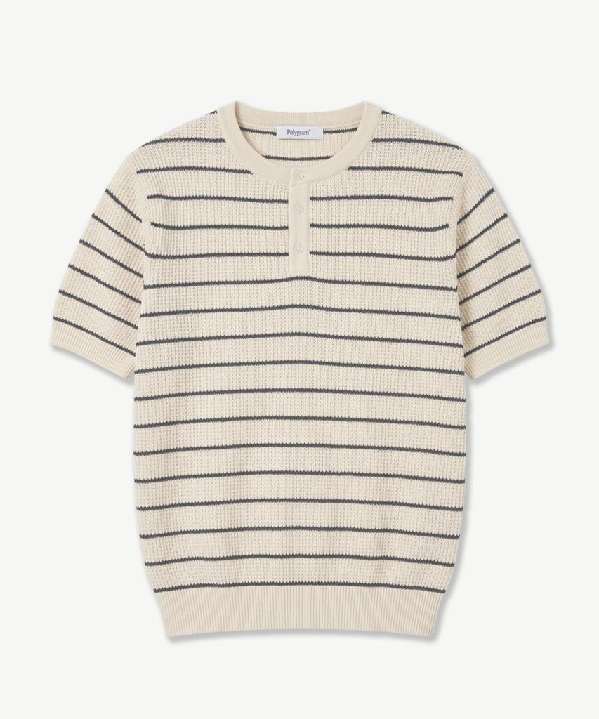 POLYGRAM Textured Striped Henley Neck Short Sleeve Knit - Cream