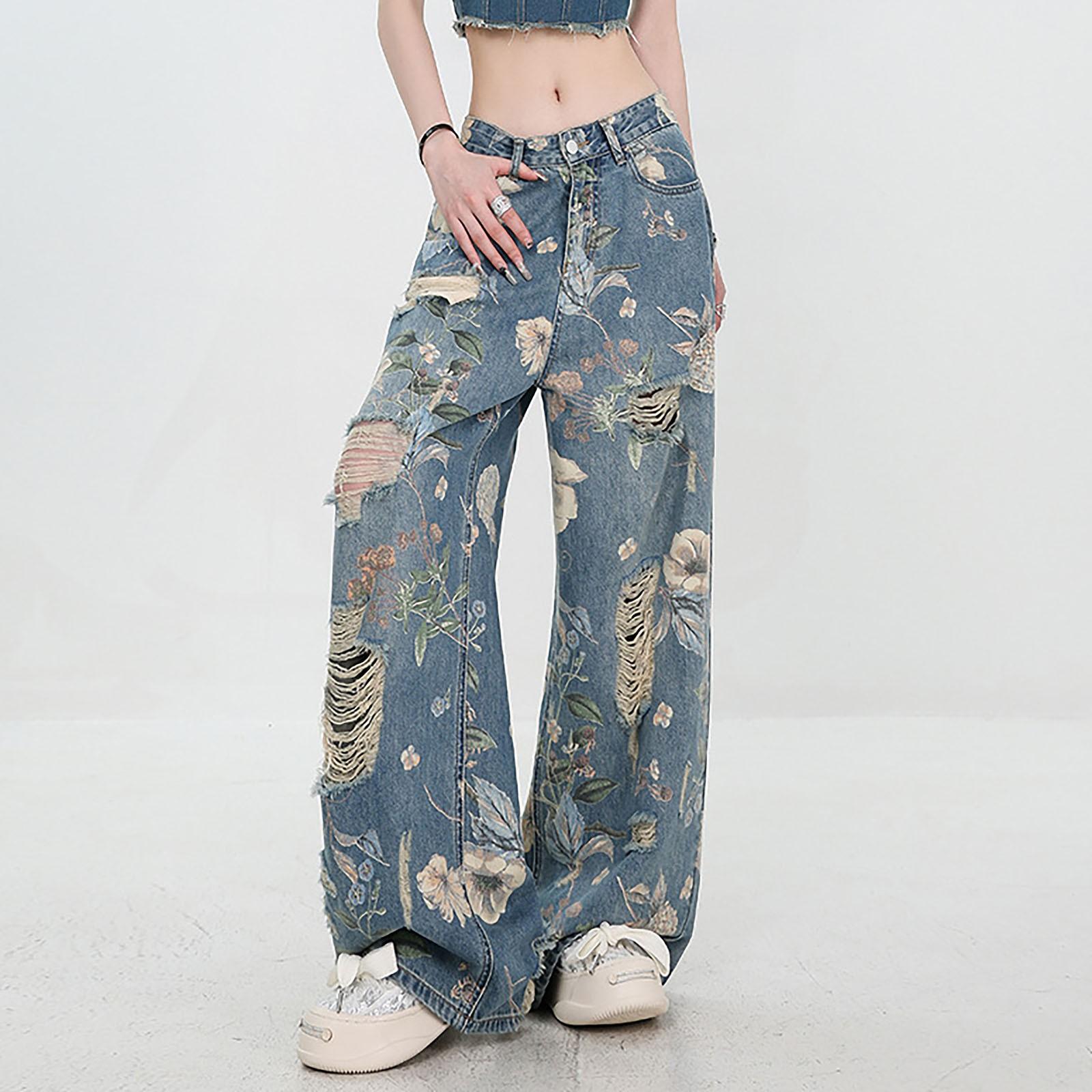 

Женская мода ретро личность потертый старый с высокой талией ретро свободные прямые джинсы XXXL синий