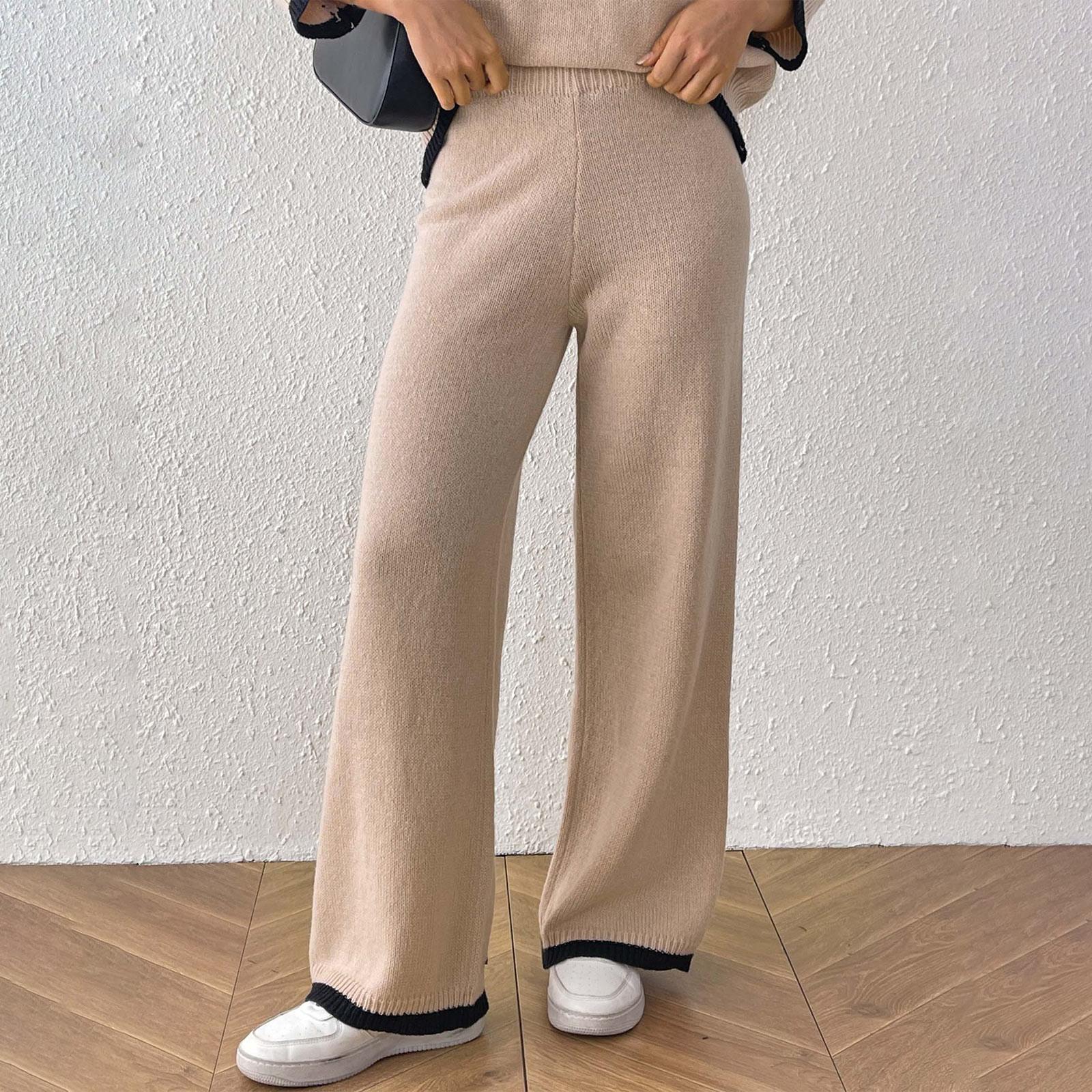 

Женские повседневные брюки для отдыха, контрастная цветная вставка, высокая посадка, прямой крой, широкие штанины, шерстяные брюки XL хаки