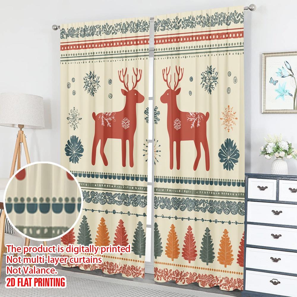 2 Stück 2D Flachdruck Weihnachtsvorhänge Weihnachten Rentier Schneeflocken Bäume Digital Gedruckte Polyester Vorhänge Geburtstagsparty Gebrauch