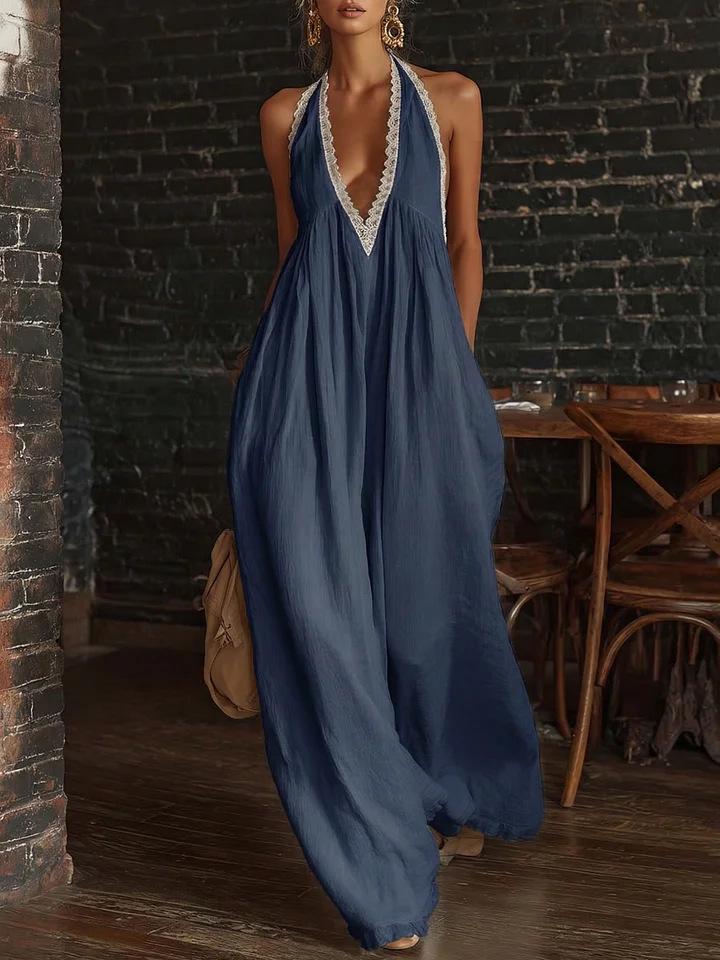 2026 Europäischer & Amerikanischer Lässiger Eleganter Leinen-Jumpsuit mit Spitzenbesatz