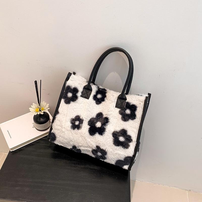Women Faux Fur Cow Print Tote Bag Soft Plush Large Capacity Shoulder Handbag Winter Fashion Shopping Purse