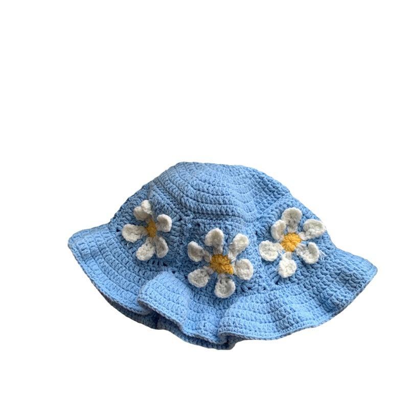 Spring and Autumn Niche Colorful Flowers Hollow Knitted Hat Female Fisherman Hat Big Brim Showing Face Small Sunshade Basin Hat