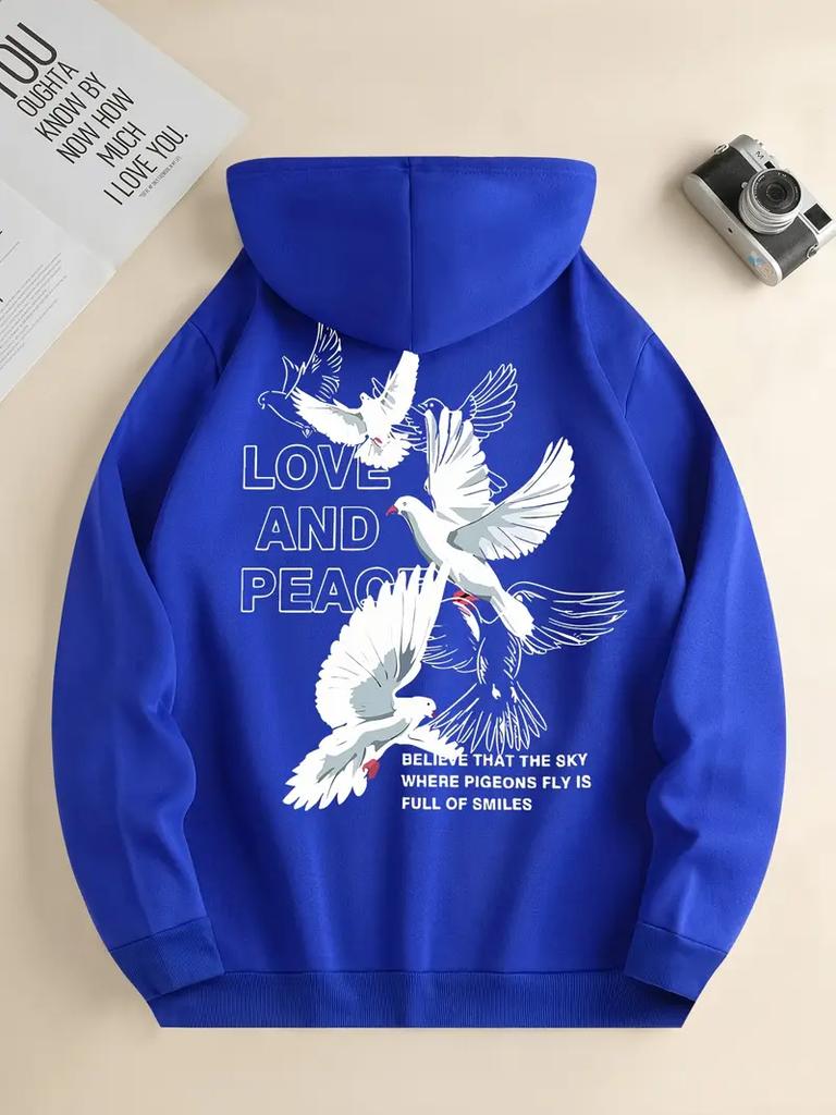 Men's new autumn and winter trendy hooded sweatshirt, casual daily drawstring hooded sweatshirt, and flat dove print pattern men