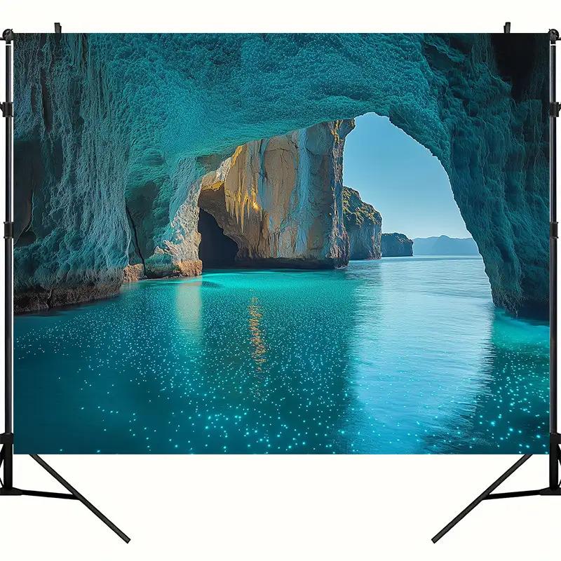 Sea Cave Ocean View Tapestry Wall Hanging, Turquoise Water & Glowing Beach Landscape, Boho Home Decor For Living Room Bedroom
