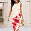 Women Plus Size Round Neck Sleeveless Navy Blue Printed Bodycon Midi Dress