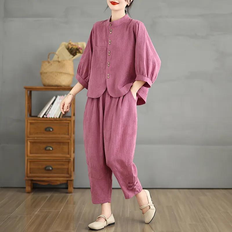 

Льняной костюм в китайском стиле, женская летняя свободная модная рубашка + брюки-шаровары, костюм из двух частей XXL фиолетовый