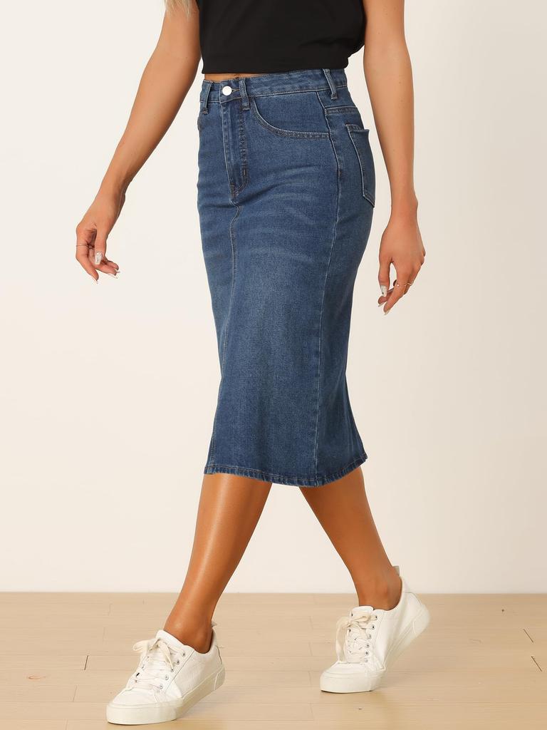 Allegra K Damen High-Waisted Stretch Midi Denimrock, Y2K Casual, Dunkelblau, Größe S