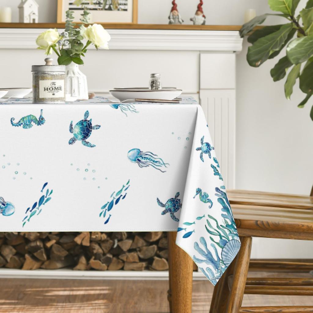 Blue Sea Turtle Seaweed Rectangle Waterproof Tablecloth Party Decor Washable Farmhouse Kitchen Dining Tablecloth Picnic Decor