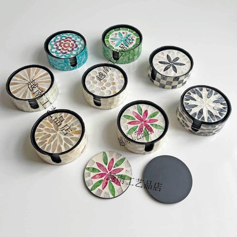 1pc Southeast Asian Hand-Painted Shell Coaster, Luxury Tea Cup Mat, Creative Desktop Decor & Tabletop Display