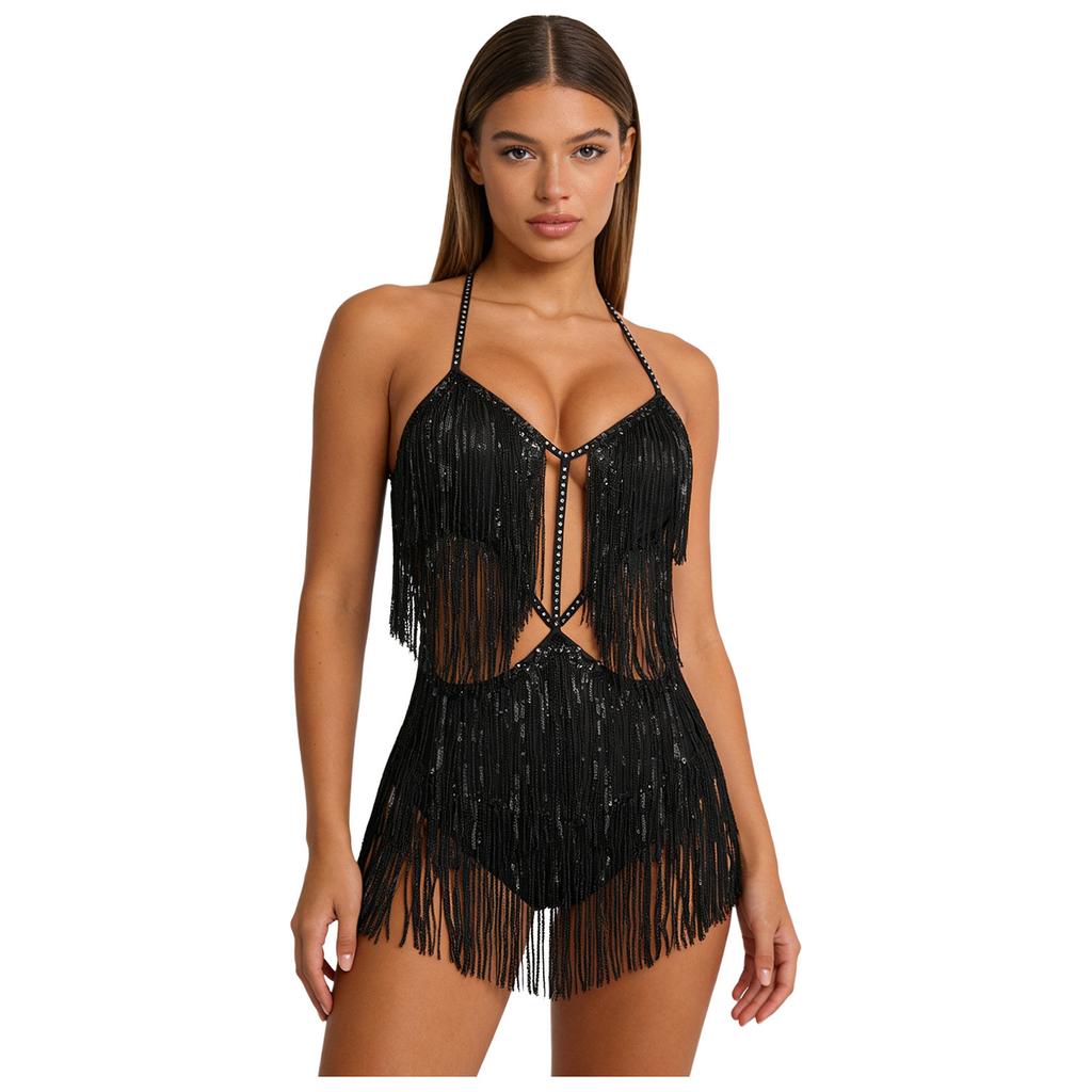 Damen Bauchtanz Bodysuit mit Fransen Pailletten Quasten Ausgeschnitten Rückenfrei Glänzend Jumpsuit