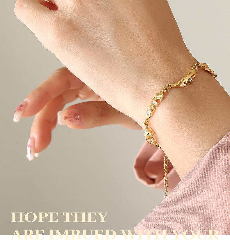 Irregular Inlaid Zircon Titanium Steel Bracelet with 18K Gold Plating