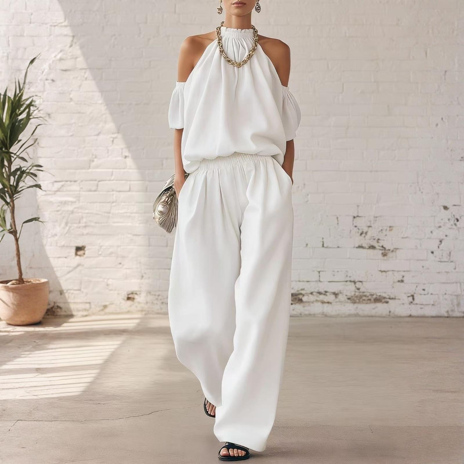 

Fashionable Women s Off-Shoulder Wrap-Up Top High-Waist Wide Leg Pants Casual Set XXL білий