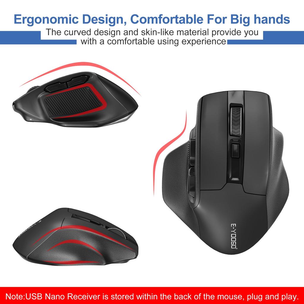 X-31 Large Wireless Mouse for Large Hands, 5-Level 4800 DPI Switching, 6 Buttons, Ergonomic Design with BackForward Buttons, Energy-Saving, Quiet