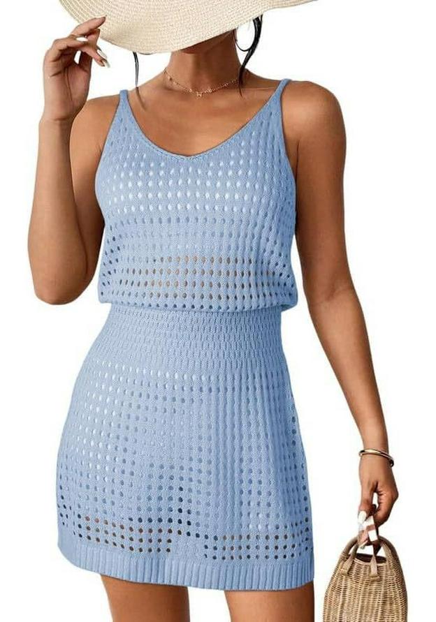 

Sexy Knit Strappy Dress with Waist-Cinching Design, Hollow-Out Beach Style, White Medium