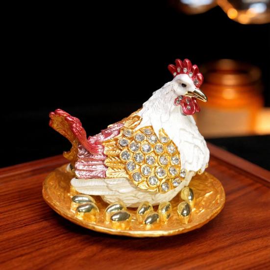 Rhinestone Chick Figurine Metal Simulated Hen Key Trinkets Jewelry Box Container Holder Home Office Desktop Decoration Ornament