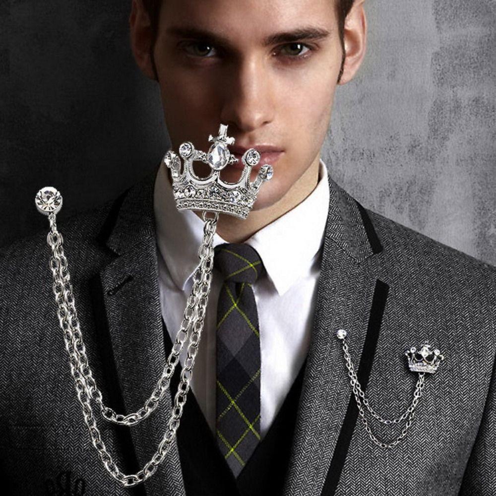 Rhinestone Crown Tassel Brooch Chain Suit Lapel Pin Temperament Suit Collar Pin  Ceremony Banquet
