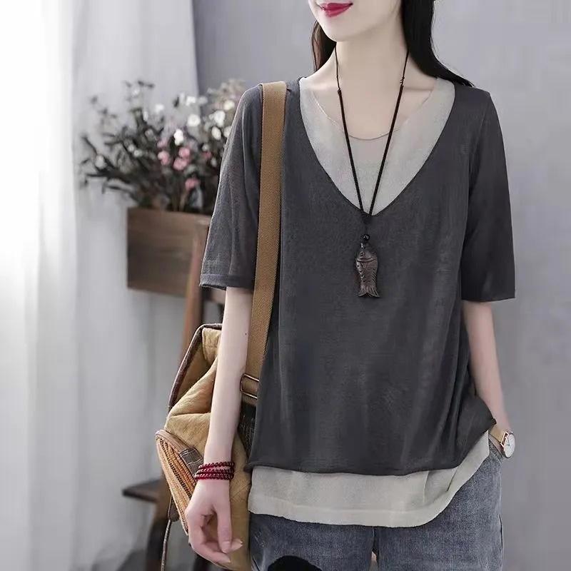 

Женская футболка Ложные две вещи большого размера Свободная трикотажная рубашка с v-образным вырезом Повседневная универсальная футболка из хлопка и льна Топы с короткими рукавами XXL серый