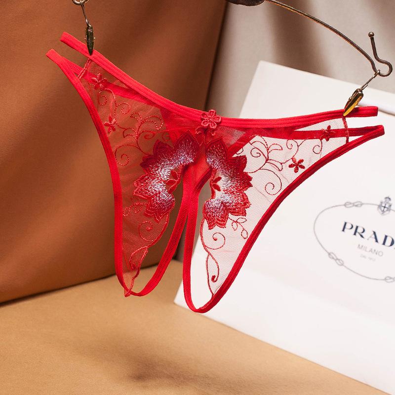 Sexy Floral Lace Thongs Women Panties See Through Crotch Opening Erotic Underwear Temptation Lingerie
