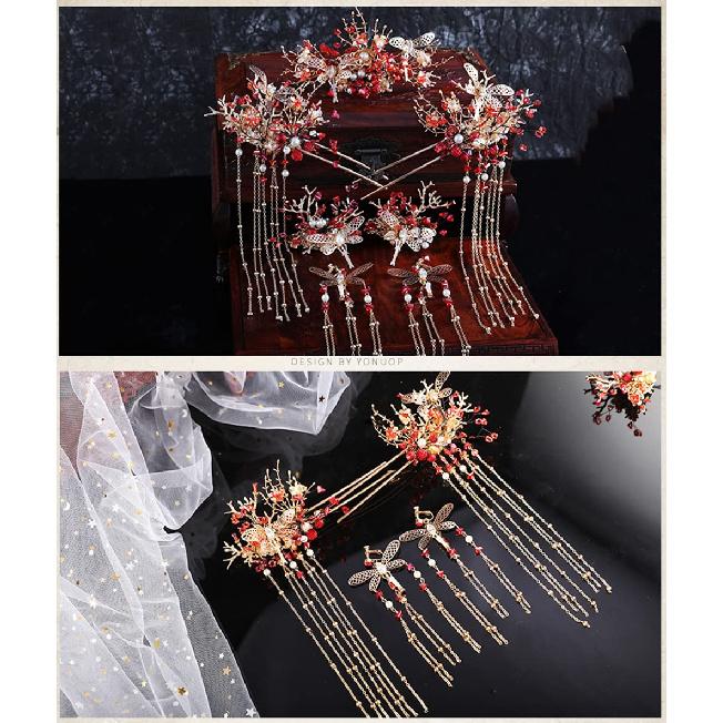Chinese Wedding Bride Hair Accessory Chinese Crown Wedding Hair Accessories Red Flower Floral Beaded Flapper Headband Jeweled Bridal Wedding Tiara